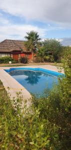 a blue swimming pool in front of a house at Cabañas Villa Lounge in San Rafael