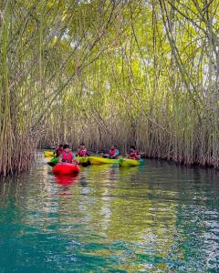 a group of people kayaking down a river in canoes at Star Varkala Homestay in Varkala