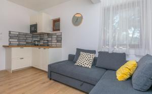 a living room with a blue couch and a kitchen at Apartments Blue Adriatic View in Jesenice