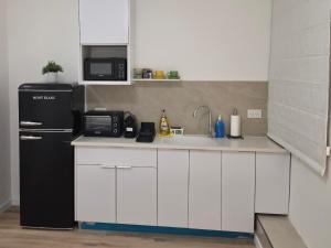 a kitchen with a black refrigerator and a sink at Koresh 10 -revelin suite in Jerusalem