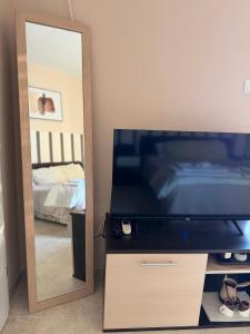a bedroom with a dresser with a television and a mirror at M Premium Apartments in Paraćin
