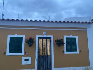 a house with two windows and a door with flowers at Casinha Amarela in Cabeção