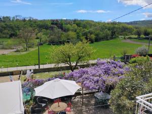 a garden with purple flowers and an umbrella at B&b Oca Carolina in Buttigliera Alta