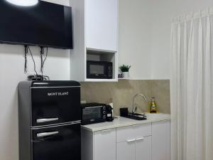 a kitchen with a black refrigerator and a microwave at Koresh 10 - Emilia suite in Jerusalem