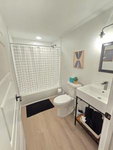 a white bathroom with a toilet and a sink at Downtown Detroit Hidden Gem Walk to Venues & DMC in Detroit