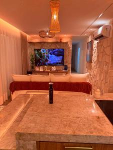 a living room with a tv on a wall at House Paraíso Flecheiras in Trairi