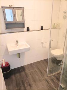 a bathroom with a sink and a toilet at Waldstreet in Rüsselsheim +8 photos