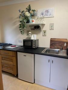 a kitchen with a sink and a microwave on a counter at Tourmakeady Self Catering in Toormakeady