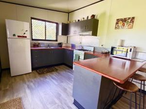 a kitchen with a refrigerator and a counter top at Feng Shui Sugarcane Cabin in Proserpine