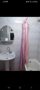 a bathroom with a sink and a shower curtain at one room in Alexandria