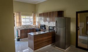 a kitchen with a stainless steel refrigerator and wooden cabinets at Timba Lodge in Blantyre