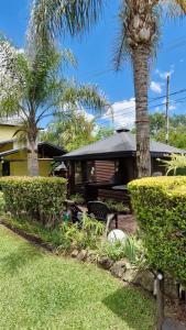 a house with a palm tree in front of it at Cabañas Rancho Unelen in Colón