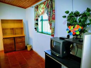 a living room with a tv and a window at Finca la Riverita in Sutamarchán