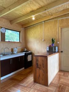 a kitchen with a sink and a microwave on a counter at El Tilo Cabin - Hot Tub & Lake Ranco Views in Lago Ranco