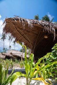 a straw hut on the beach with palm trees at Darocotan Shipwreck Camping in El Nido