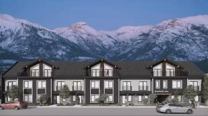 a rendering of a house with mountains in the background at New Luxury MountainView Downtown2B2B RooftopHottub in Canmore