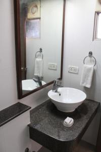 チェンナイにあるThe Lotus Apartment Hotel, Venkatraman Streetの白い洗面台と鏡のあるバスルーム
