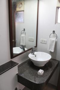 a bathroom with a white sink and a mirror at The Lotus Apartment Hotel, Venkatraman Street in Chennai