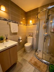 a bathroom with a shower and a toilet and a sink at Treasure Condo Kitchenette Wifi in Chiang Mai