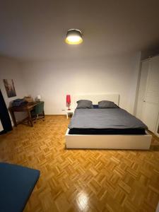 a bedroom with a bed and a desk with a lamp at 1 Bedroom Near Viktualienmarkt in Munich