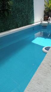 a blue swimming pool next to a green hedge at descanso ideal con alberca in Cihuatlan