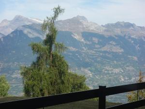 a tree on top of a hill with mountains at Cozy Apartment With Mountain Views in Veysonnaz