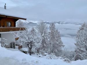 a house with snow covered trees in front of it at Cozy Apartment With Mountain Views in Veysonnaz