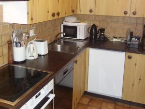 a kitchen with a sink and a microwave at Cozy Apartment With Mountain Views in Veysonnaz