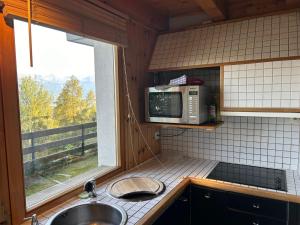 a kitchen with a microwave and a sink and a window at Pet-friendly chalet in Veysonnaz in Veysonnaz