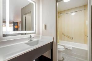 a bathroom with a sink and a toilet and a mirror at Rodeway Inn Orange Park - Jacksonville near Naval Air Station in Orange Park +28 photos