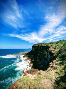 a view of the ocean from a cliff at Lakeside 3-BR Forest Cottage in Laurieton