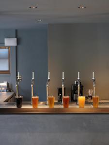 a counter with a row of cups on it at Wonderlust Inn in Kamakura
