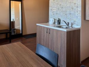 a kitchen with a sink and a wooden cabinet at AirportStay bg - free shuttle and own parking in Sofia +41 photos