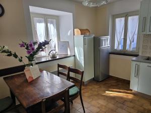 a kitchen with a table and a refrigerator and a table and chairs at Casa Ilde in Palagnedra