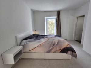 a bedroom with a bed in a white room at Casa Chiara in Cavergno