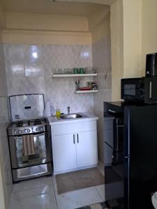 a kitchen with a stove and a sink and a microwave at Ebenezer Comfort in Bellevue Chopin +2 photos