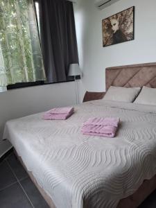 a bedroom with a bed with two pink pillows on it at Sremica in Vrnjci