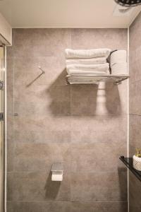 a bathroom with a shower with a shelf and towels at Artravel Myeongdong in Seoul