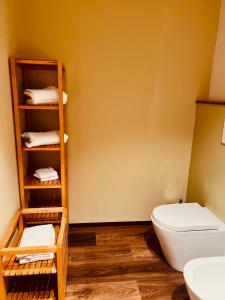 a bathroom with a toilet and a shelf with towels at Primiero Suite 3 downtown, garden in Transacqua +10 photos