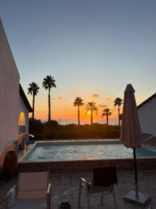 a pool with chairs and an umbrella and palm trees at Residenza il Normanno - La terrazza sul mare in Santa Domenica