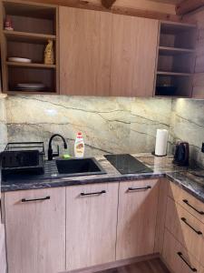 a kitchen with a sink and a counter top at Ranczo Rico in Baryczka