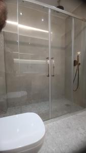 a bathroom with a glass shower with a toilet at Thermi Luxury apartments in Thermi
