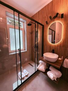 a bathroom with a sink and a glass shower at Shiro Nord Rooms in Predeal