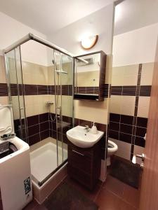 a bathroom with a sink and a shower and a toilet at Apartmán PRAHA in Martin