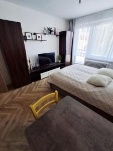 a bedroom with a bed and a table and a television at Apartmán PRAHA in Martin