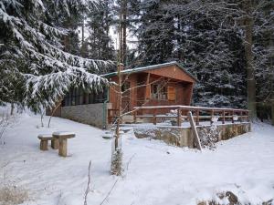 a log cabin in the snow with a bench at Chata - Na samotě u lesa in Levín