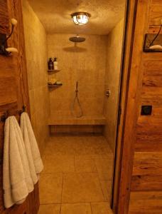 a bathroom with a shower with white towels at Les Chryolles -Les Petits loups in Valmeinier +25 photos