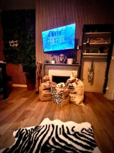 a living room with a fireplace and a television at Suite Eden Jungle - Ambiance tropicale cosy in Limoges
