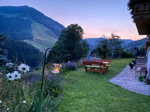 a picnic table in a field with mountains in the background at ALM SEASONS Premium Chalet & Studios in Saalbach-Hinterglemm