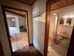 a bathroom with a sink and a toilet and a mirror at Neumühle Saar in Mettlach +21 photos